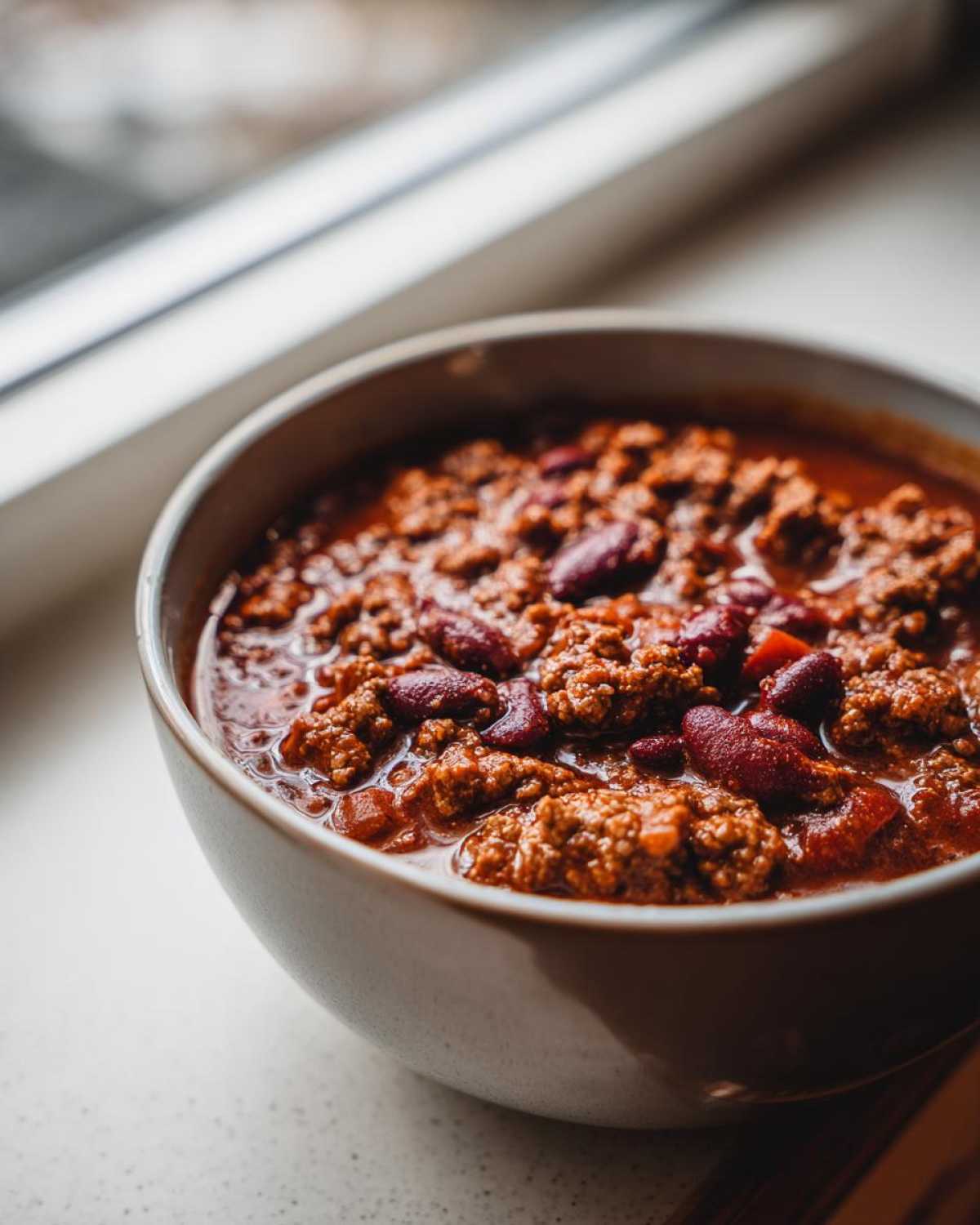 Close-up of a rich, thick bowl of chili with ground meat and kidney beans, perfect for the best chili recipe.