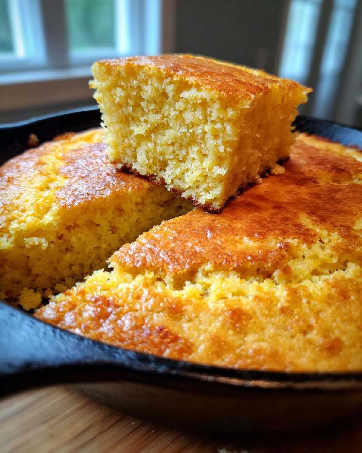 A close-up of moist buttermilk cornbread in a cast iron skillet with one square piece lifted up.