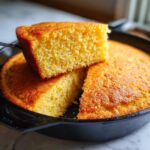 A close-up shot showing a slice of golden buttermilk cornbread being lifted from the rest of the loaf in a black cast iron skillet.