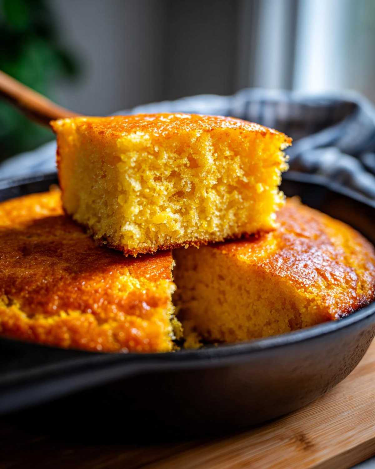 A square slice of moist, golden buttermilk cornbread being lifted from the rest of the loaf in a black cast iron skillet.