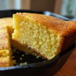 Close-up of a moist slice of golden buttermilk cornbread being lifted from a black cast iron skillet.