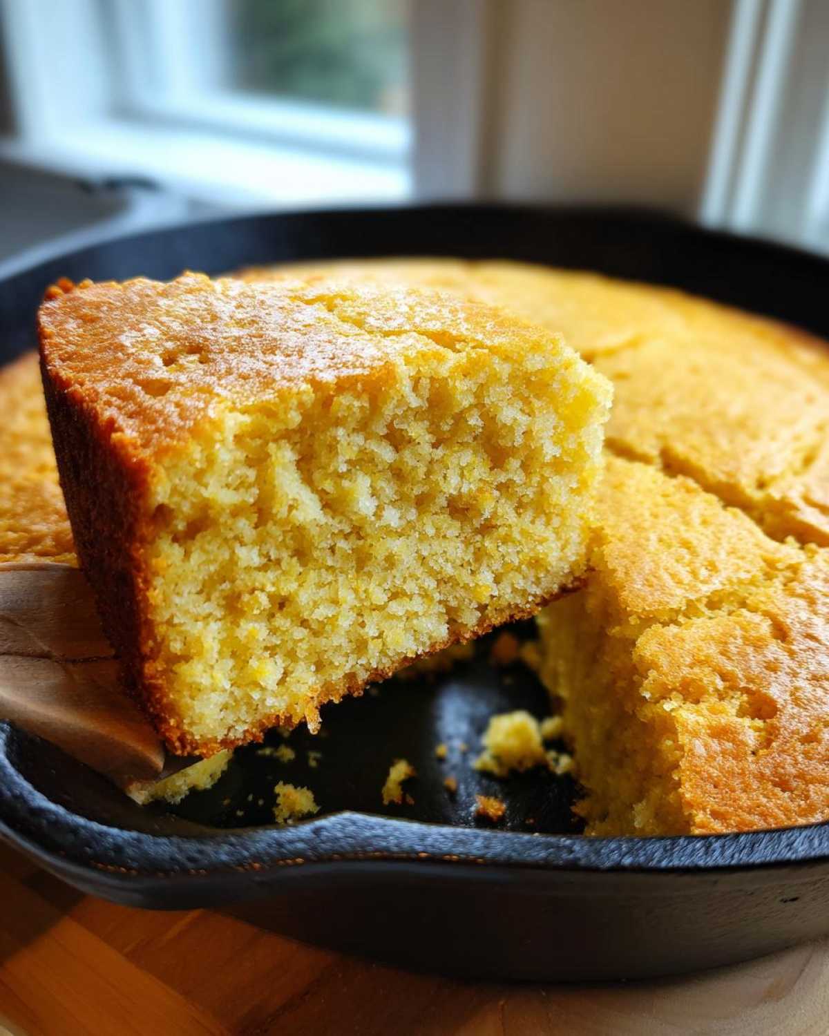 A close-up of a moist slice of buttermilk cornbread being lifted from the rest of the cake in a black cast iron skillet.