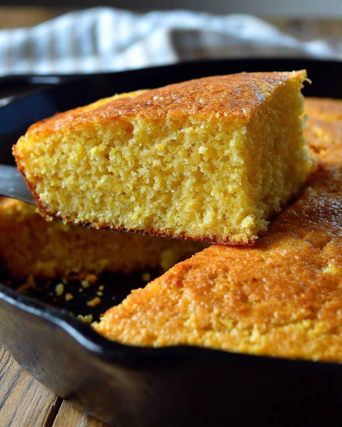 A close-up view of a square slice of moist buttermilk cornbread being lifted from the rest of the cake in a black cast-iron skillet.