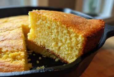 Close-up of a moist slice of golden buttermilk cornbread being lifted from a black cast iron skillet.