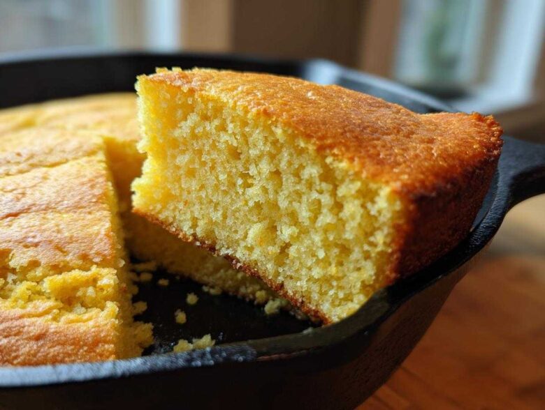 Close-up of a moist slice of golden buttermilk cornbread being lifted from a black cast iron skillet.
