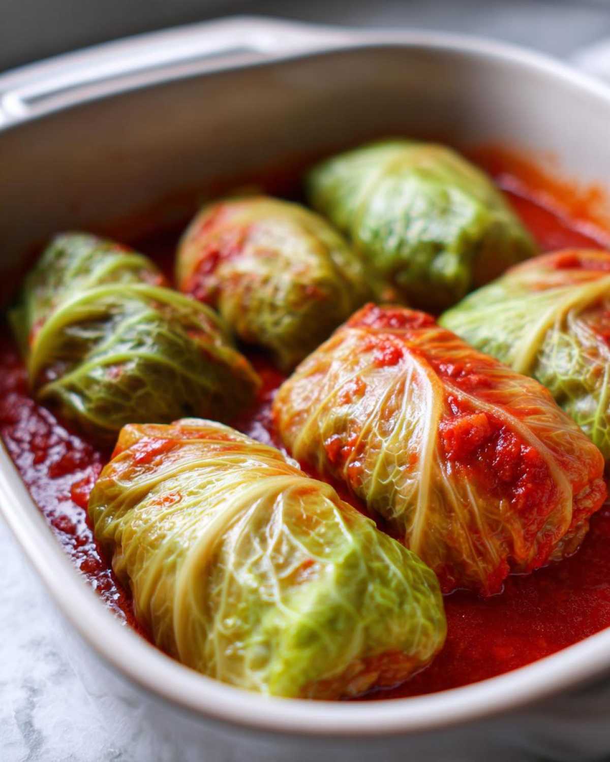 Close-up of several homemade cabbage rolls simmering in a rich, red tomato sauce in a white baking dish.