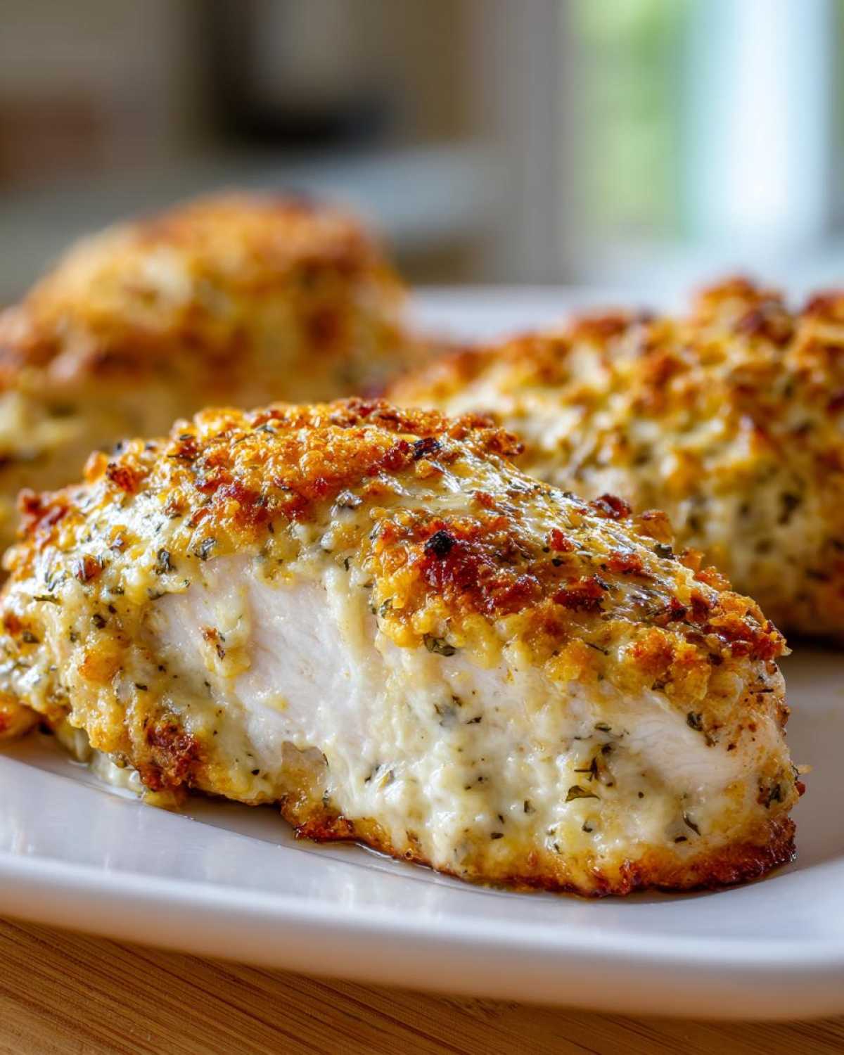 Cross-section of baked caesar chicken breast showing moist white meat and a golden, herbed parmesan crust.