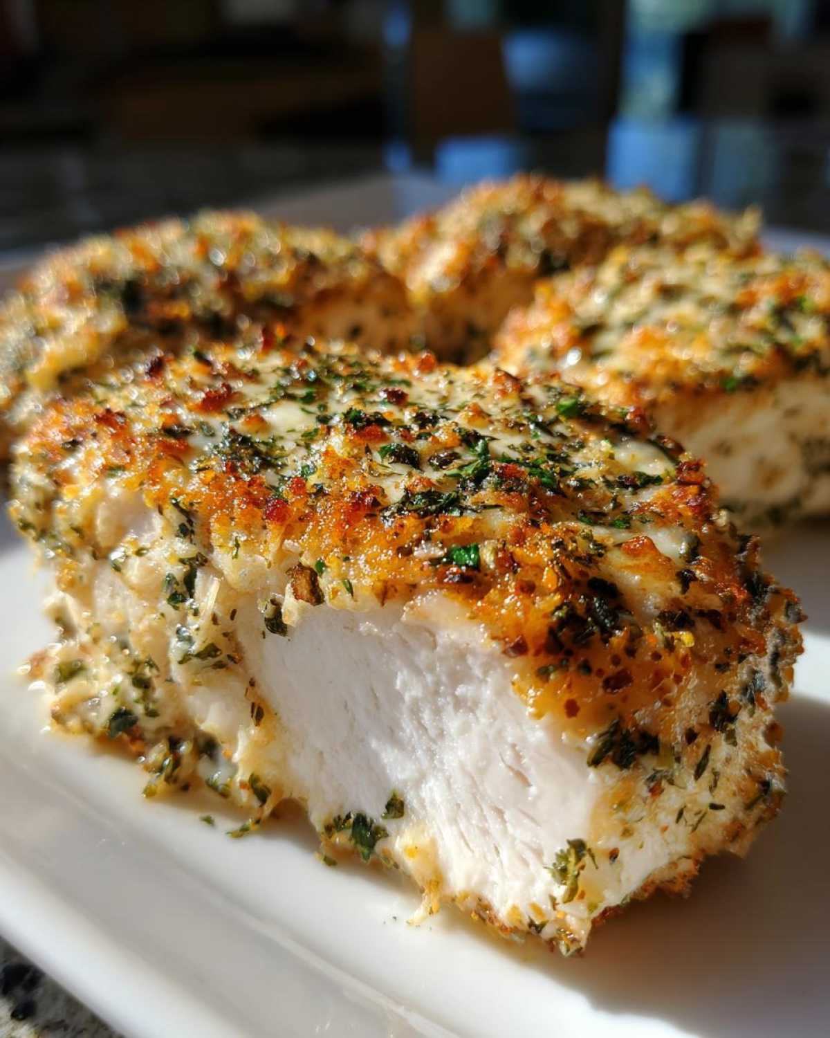 Cross-section of a perfectly cooked caesar chicken breast showing moist white meat and a golden, herby crust.