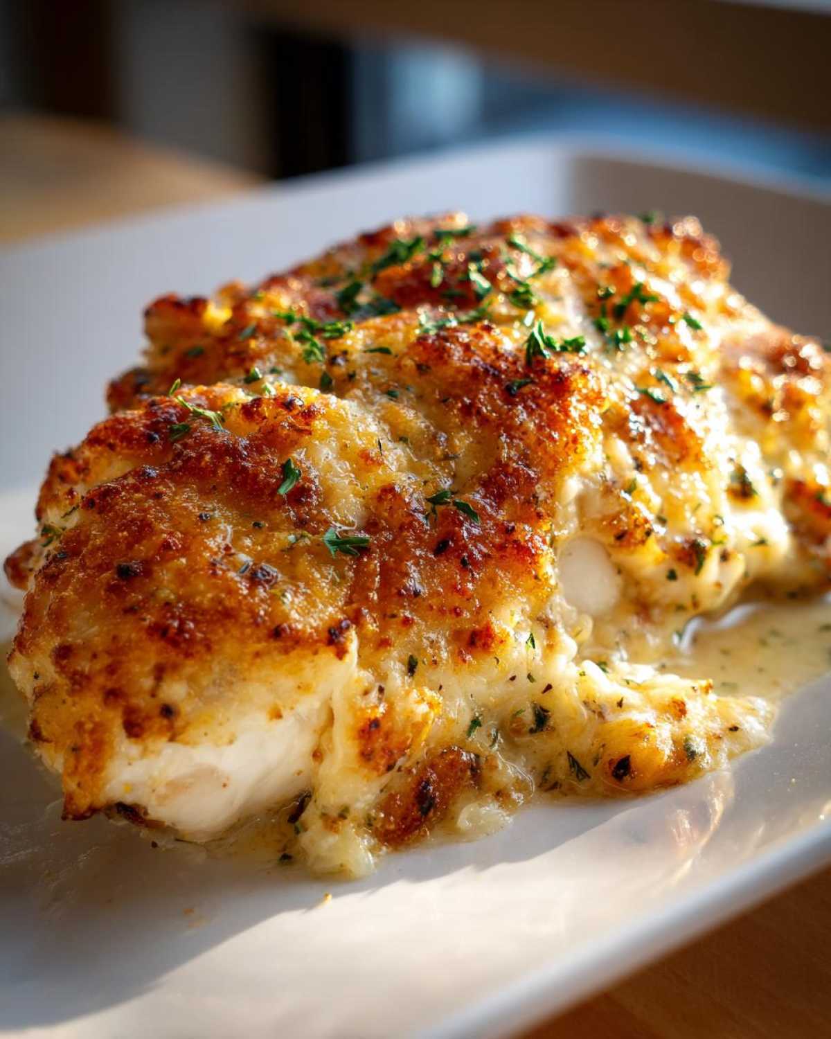 Close-up of a juicy caesar chicken breast topped with a golden, cheesy crust and fresh parsley.