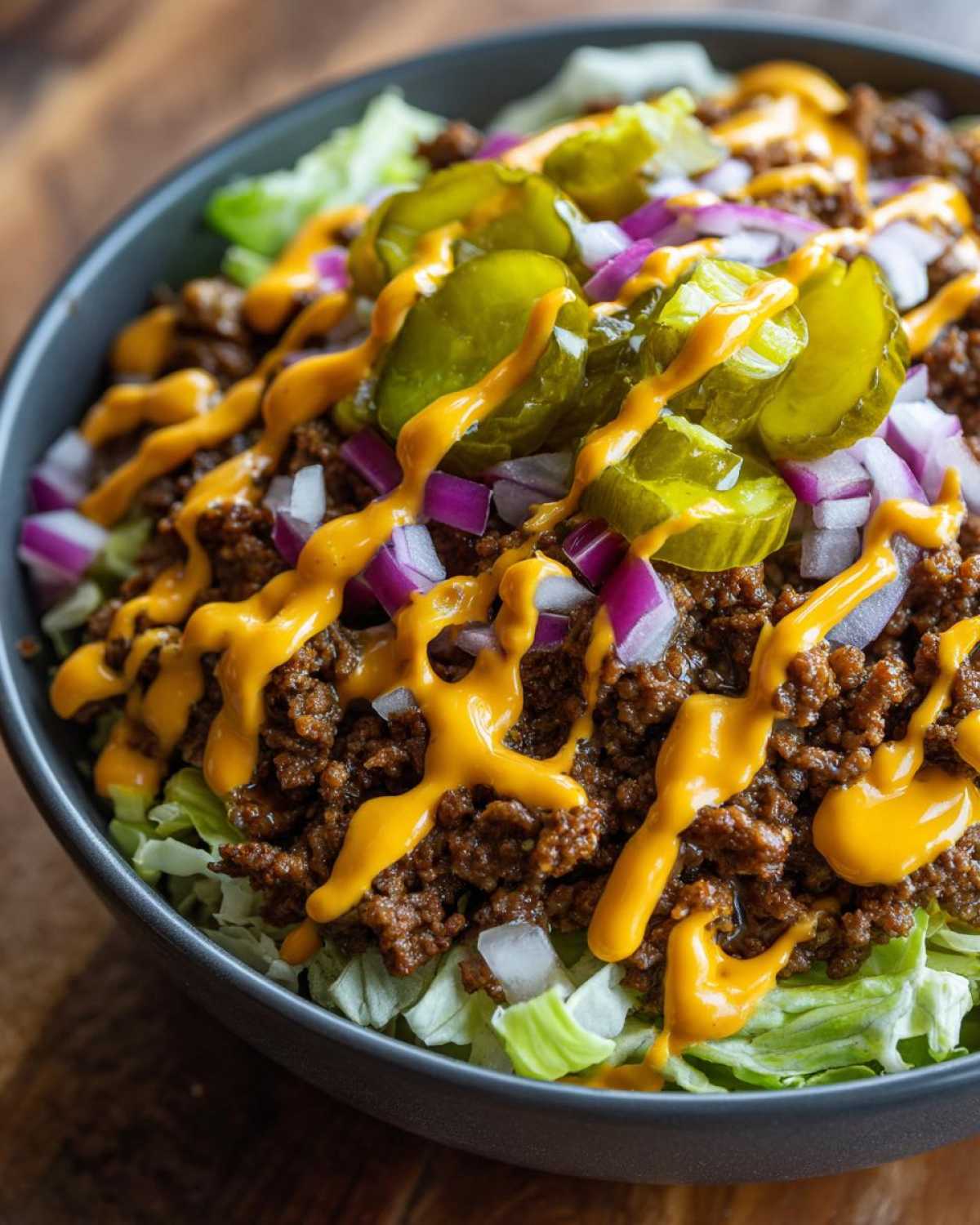 A close-up of a cheeseburger bowl featuring seasoned ground beef over lettuce, topped with pickles, red onion, and a drizzle of cheese sauce.