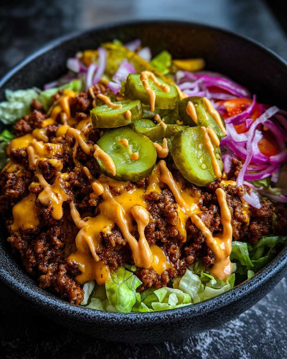 A close-up of a hearty cheeseburger bowl featuring seasoned ground beef, melted cheese sauce, pickles, and red onion over lettuce.