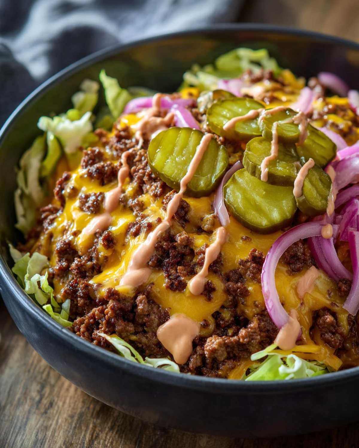 Close-up of a delicious cheeseburger bowl featuring seasoned ground beef, melted cheddar cheese, shredded lettuce, red onion, and pickle slices.
