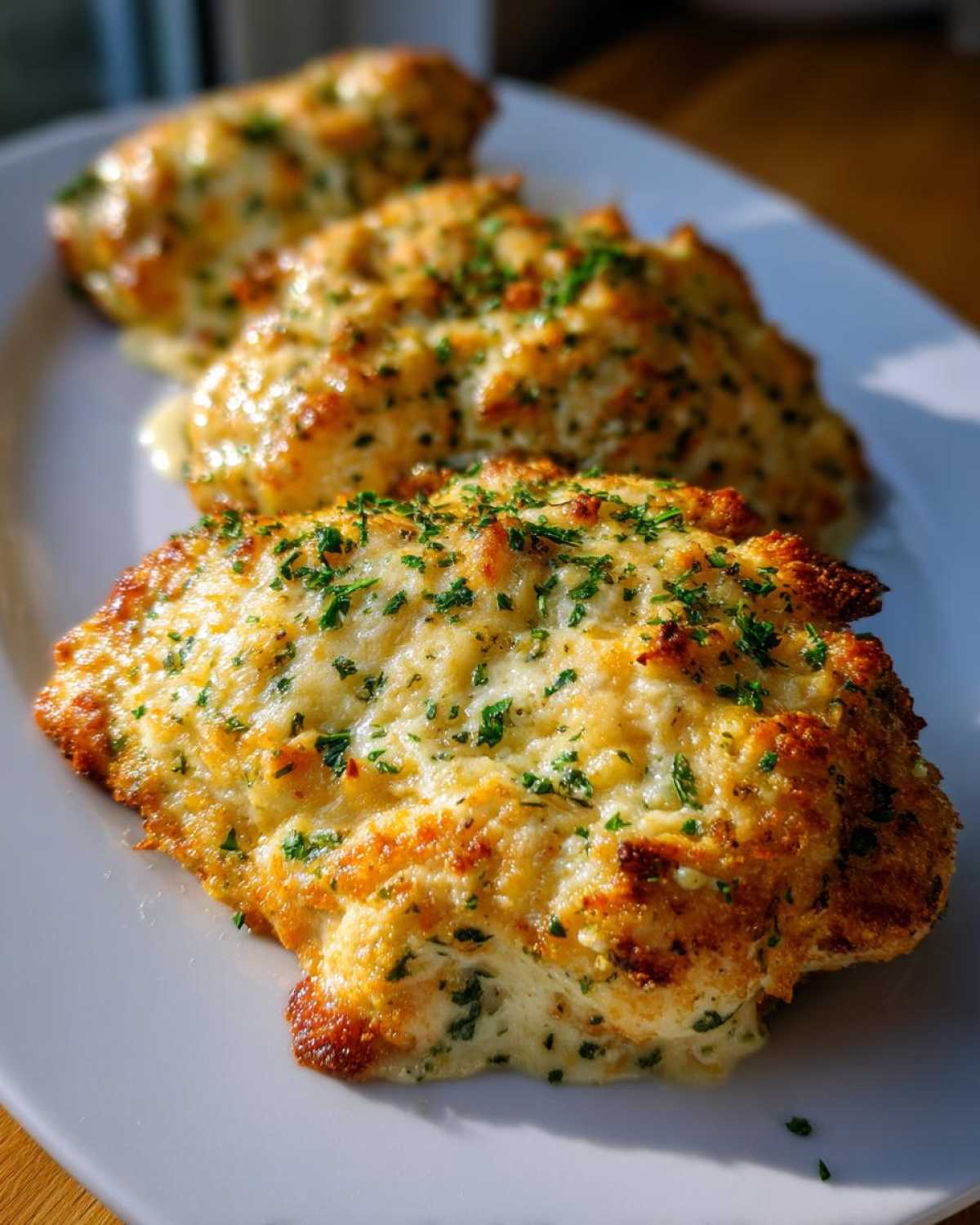 Three baked caesar chicken breasts topped with melted, golden cheese and fresh parsley garnish.