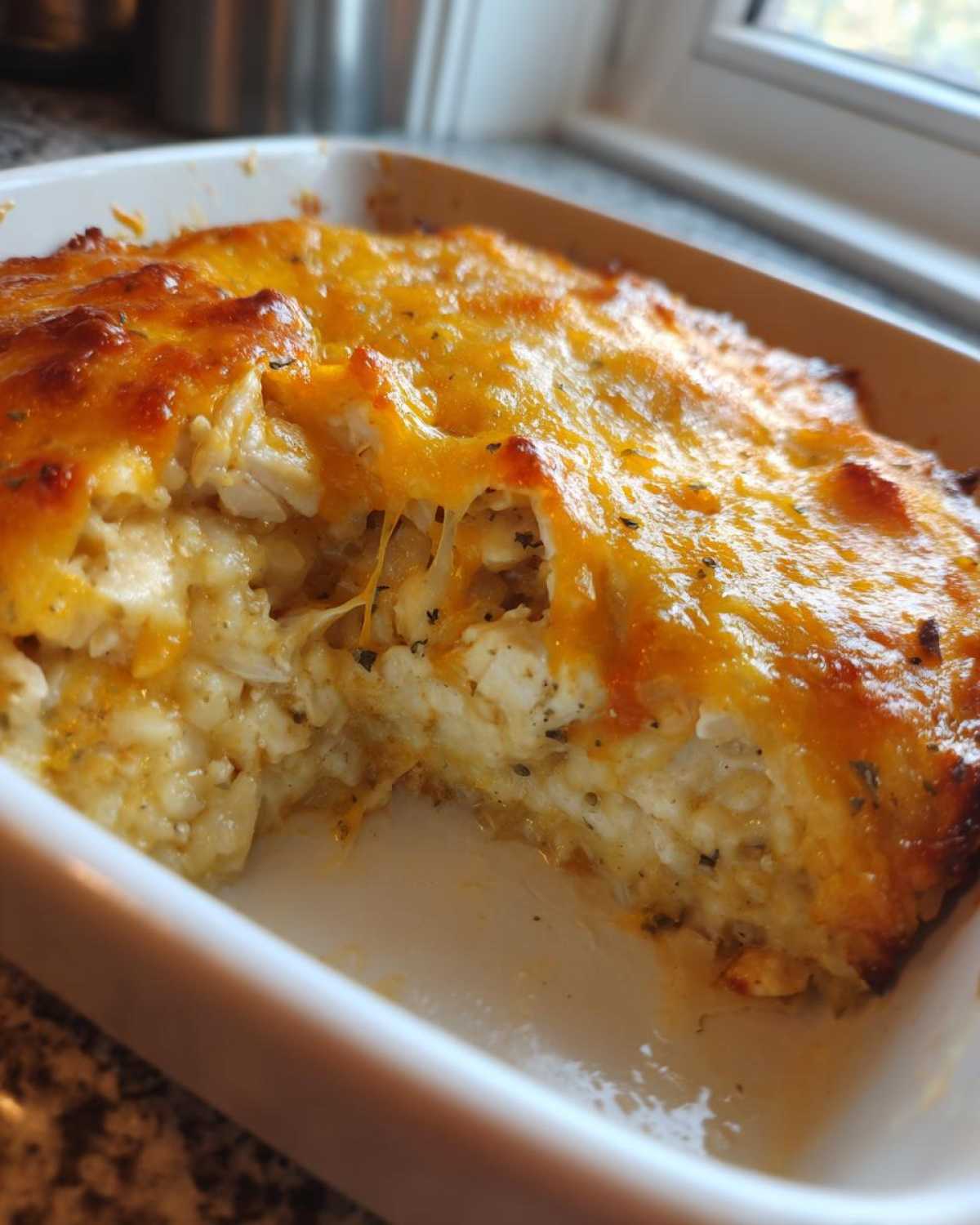 A scoop has been taken out of a baked cheesy chicken and rice casserole, showing a melted, golden-brown cheese topping.