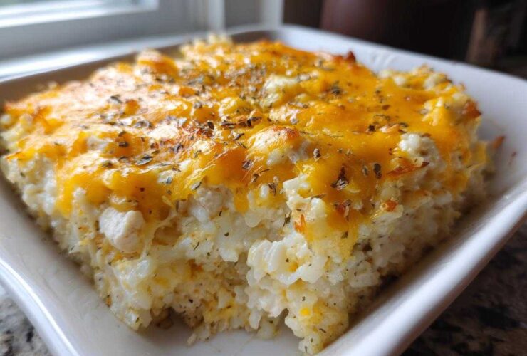 A square serving of baked cheesy chicken and rice casserole topped with melted cheddar and herbs.