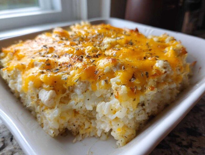 A square serving of baked cheesy chicken and rice casserole topped with melted cheddar and herbs.