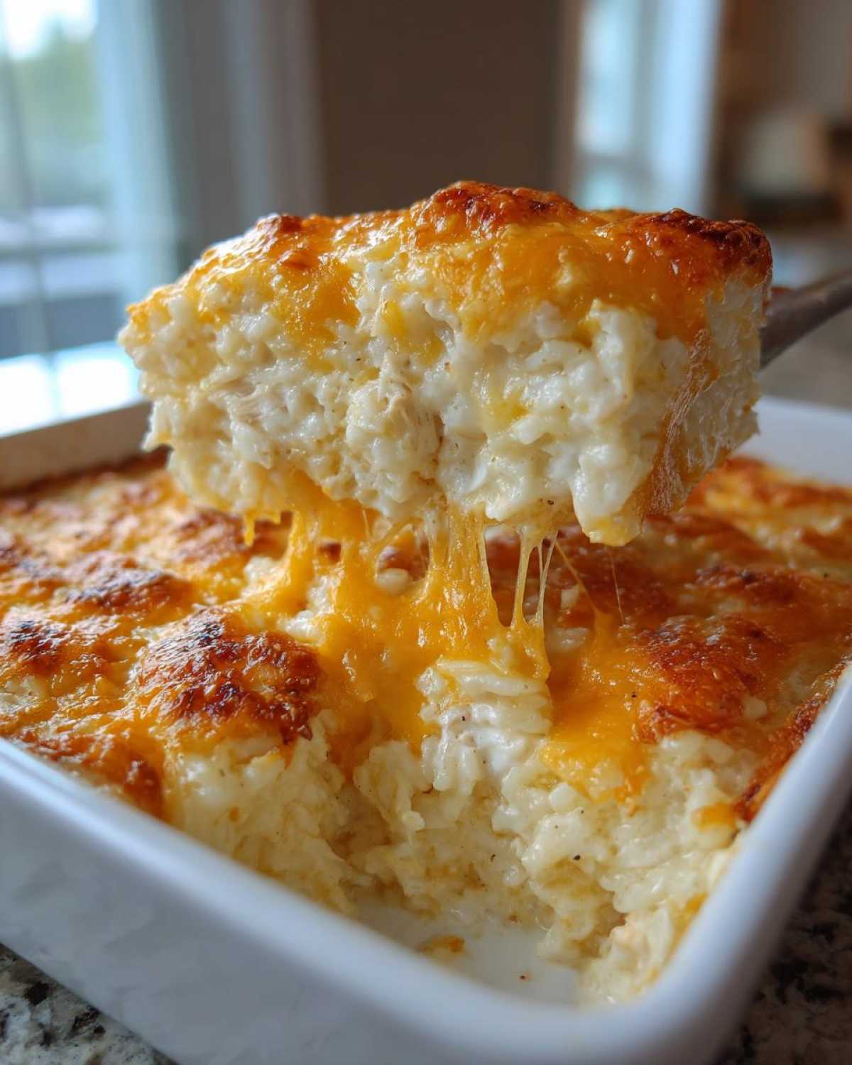 A spoonful of cheesy chicken and rice casserole being lifted, showing melted, stringy cheese.