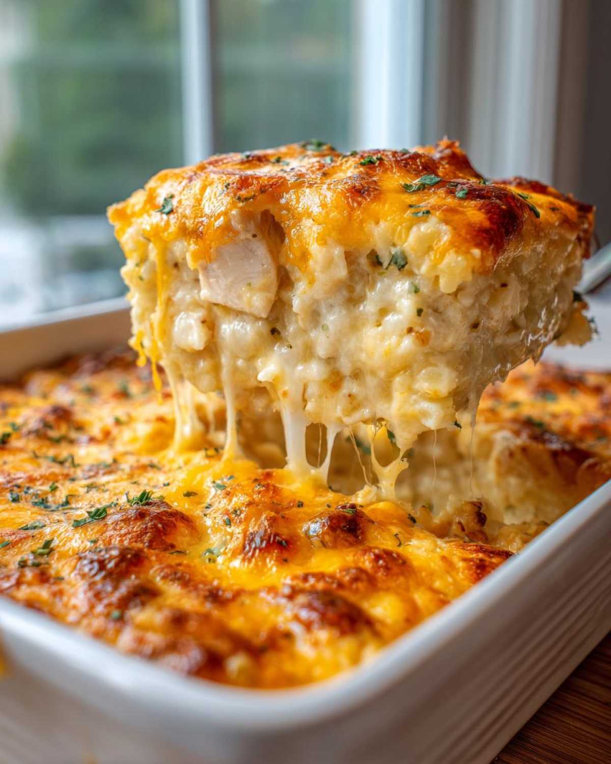 A spoonful of creamy, cheesy chicken and rice casserole being lifted, showing long cheese pulls and a golden brown top.