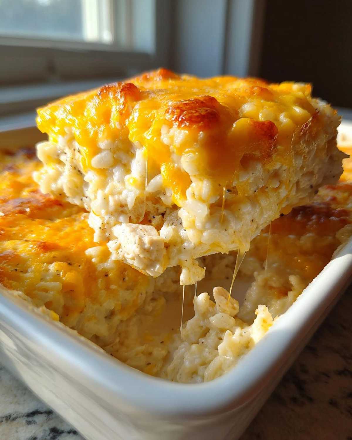 A serving of cheesy chicken and rice casserole being lifted from a white dish, showing melted cheese strings.