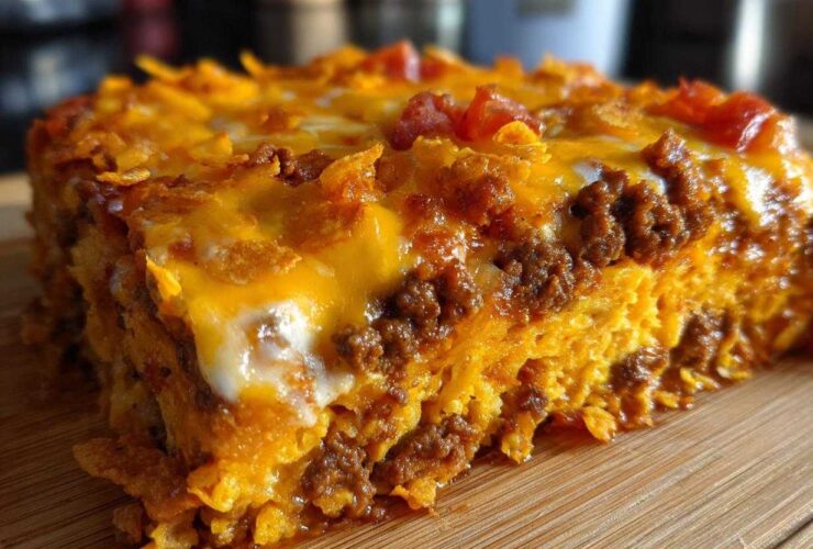 A thick, cheesy slice of Dorito Casserole showing layers of seasoned ground beef, melted cheddar, and crushed chips.