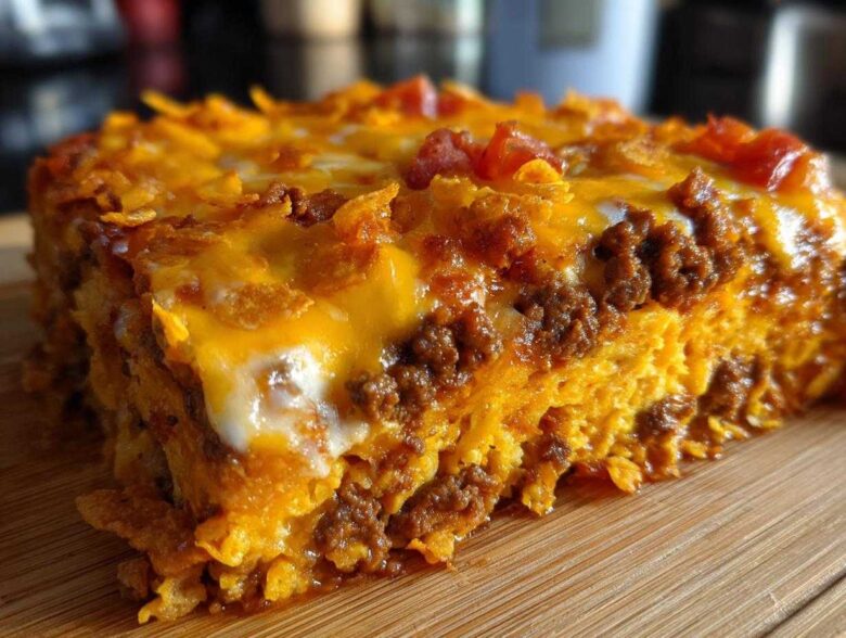 A thick, cheesy slice of Dorito Casserole showing layers of seasoned ground beef, melted cheddar, and crushed chips.