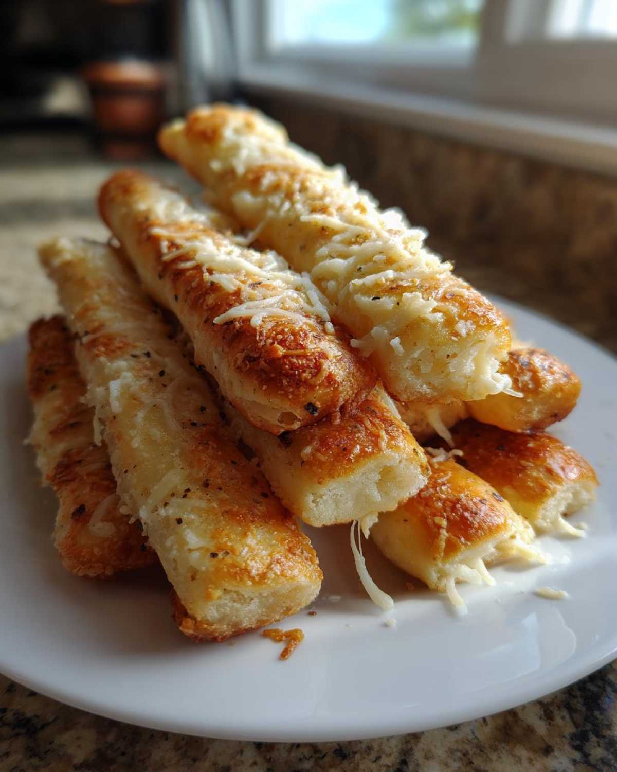 A stack of golden brown, cheesy garlic breadsticks sprinkled with Parmesan cheese on a white plate.