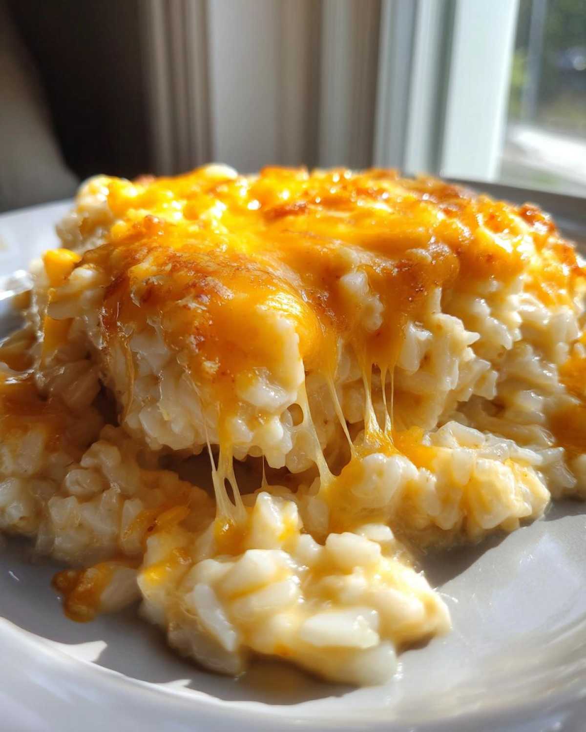 Close-up of a serving of cheesy rice with melted cheddar cheese creating long, gooey strings.