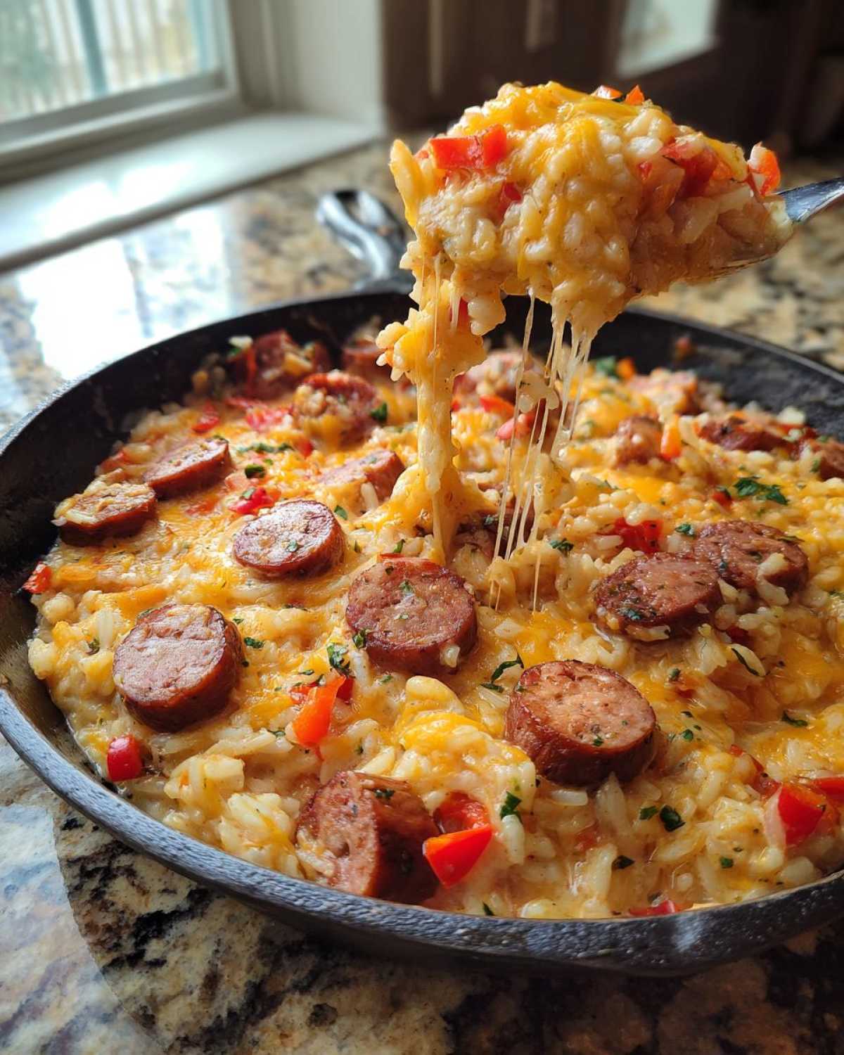 A spoonful of cheesy sausage and rice is lifted from a cast iron skillet, showing melted cheese strings.