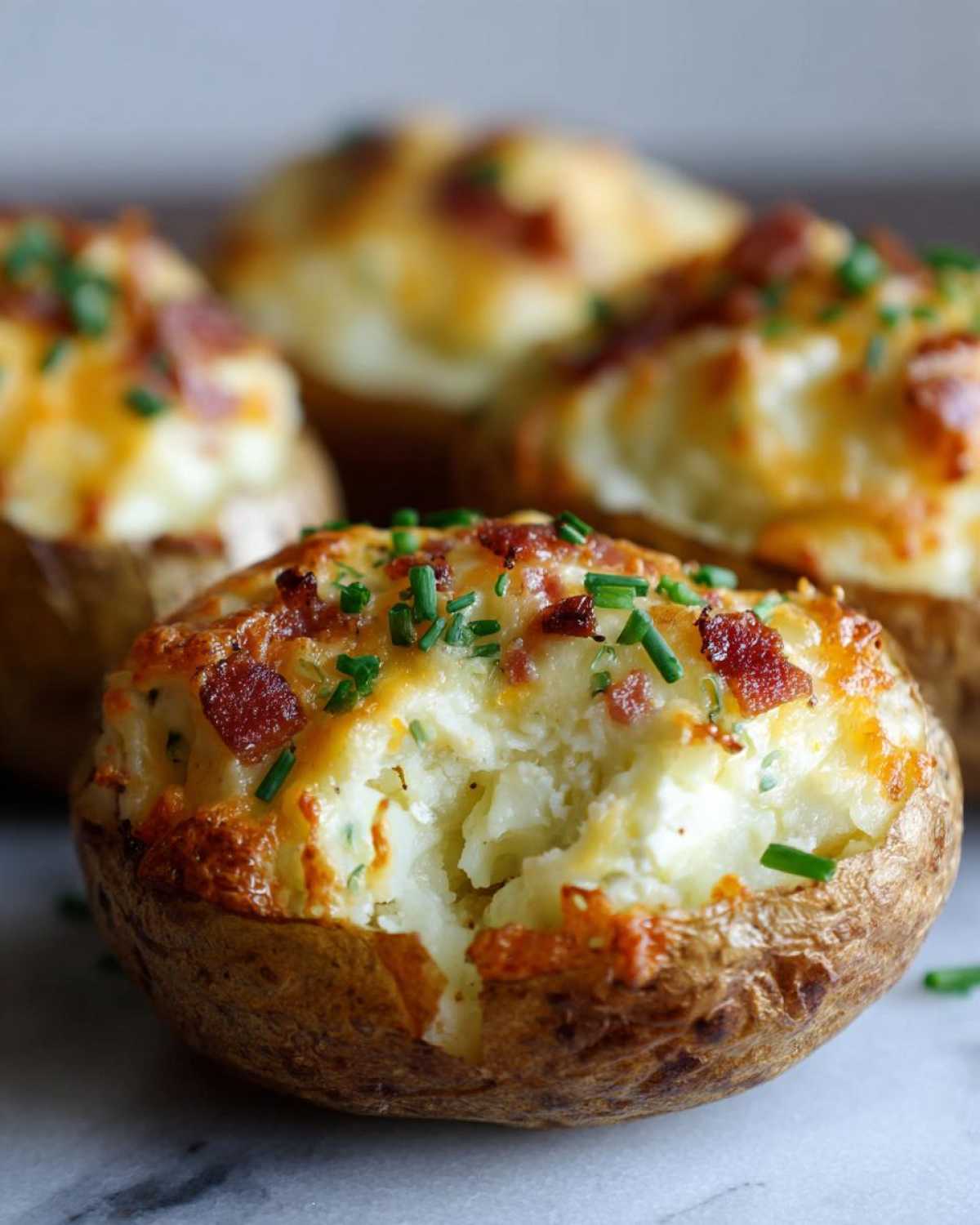 A close-up of a cheesy twice-baked potato overflowing with creamy filling, topped with bacon bits and chives.