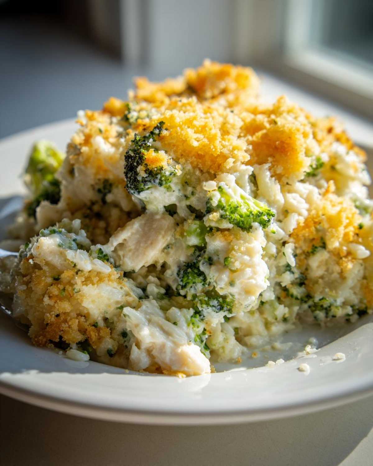 A close-up serving of creamy chicken broccoli rice casserole topped with golden breadcrumbs.
