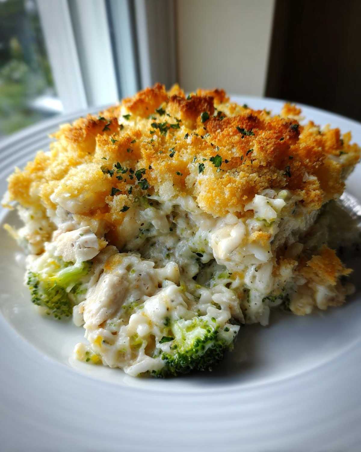 A generous serving of creamy chicken broccoli rice casserole topped with golden brown breadcrumbs, served on a white plate.