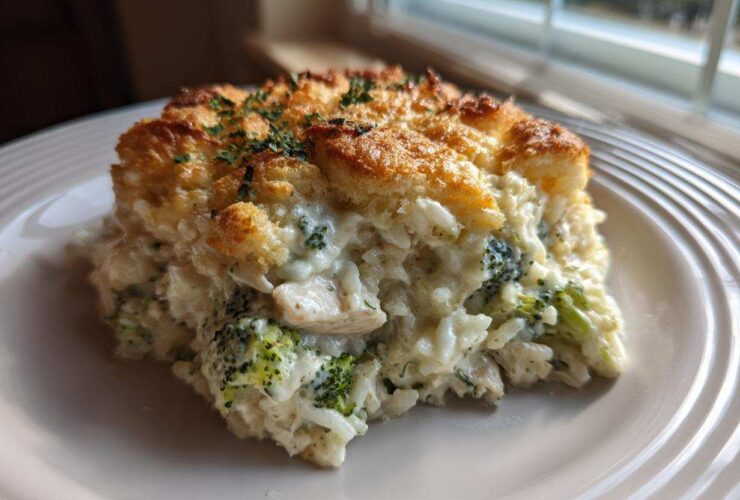 A square serving of creamy chicken broccoli rice casserole with a golden, crispy topping on a white plate.