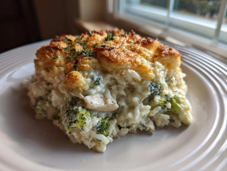 A square serving of creamy chicken broccoli rice casserole with a golden, crispy topping on a white plate.