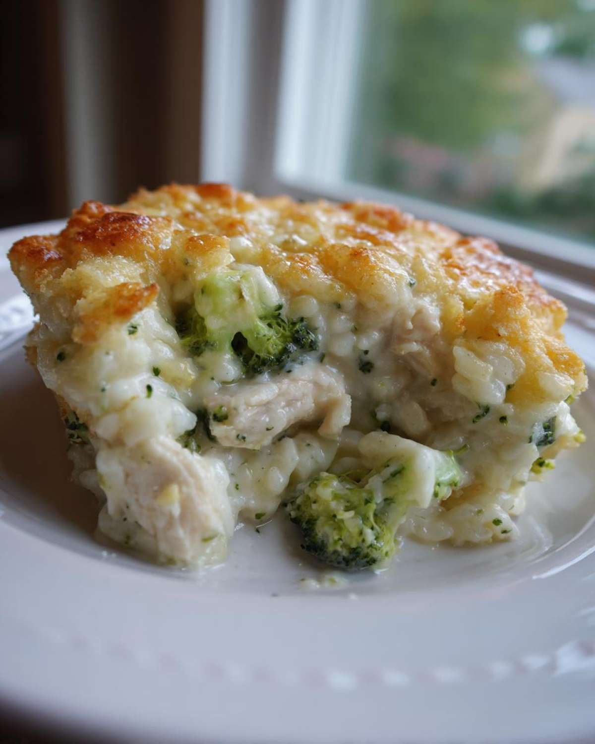 A close-up of a serving of creamy chicken broccoli rice casserole with a golden, cheesy top.