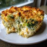 A close-up of a square serving of creamy chicken broccoli rice casserole with a golden, crunchy breadcrumb topping.