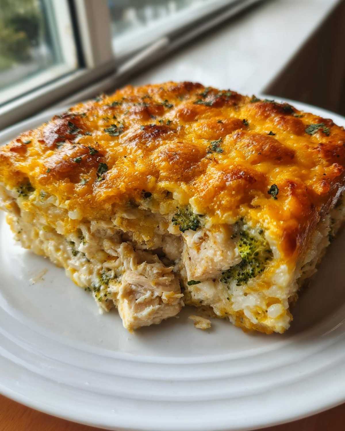 A close-up serving of chicken broccoli rice casserole with a golden, bubbly cheese topping.