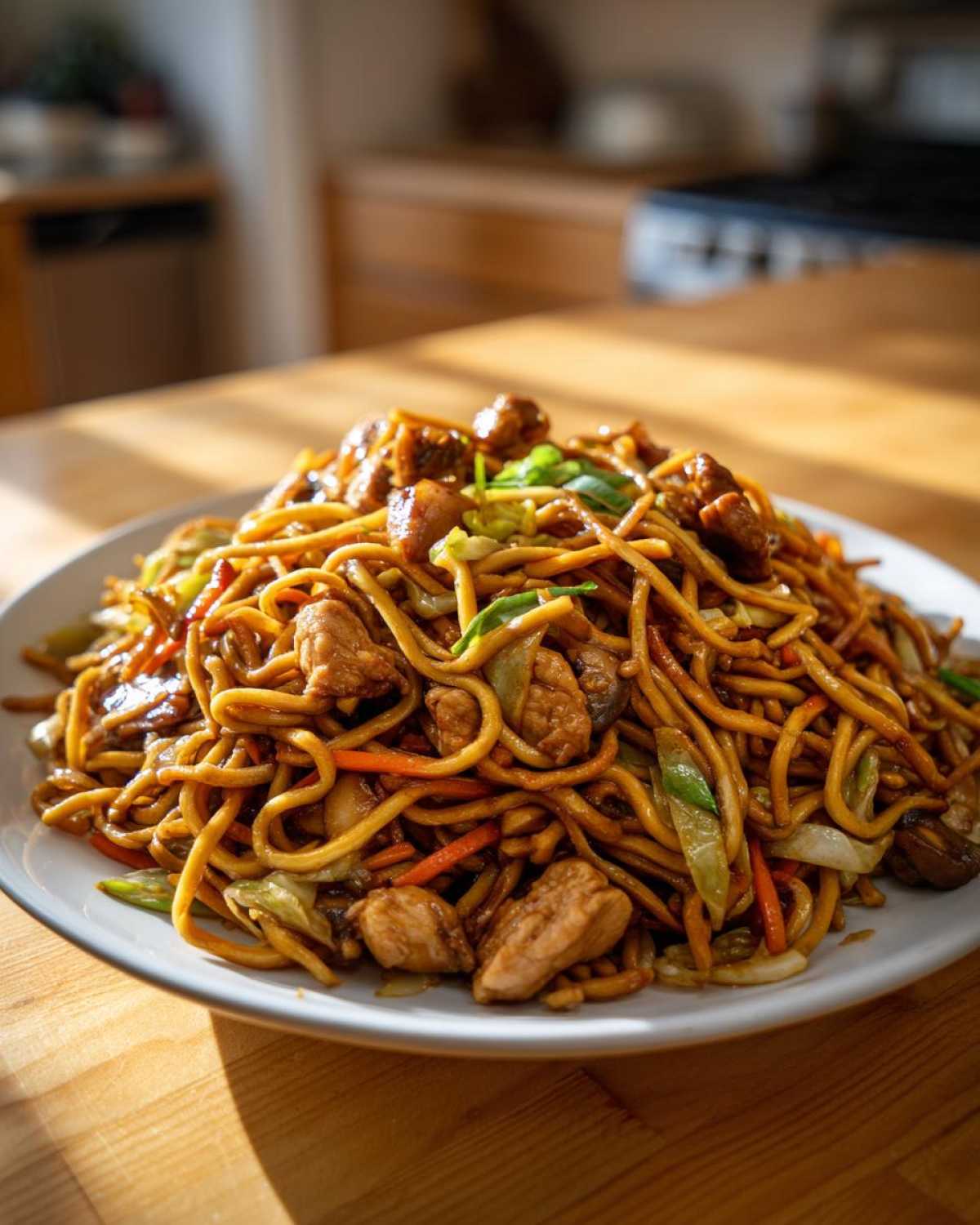 A close-up of a heaping plate of savory chicken chow mein recipe noodles mixed with shredded carrots and cabbage.