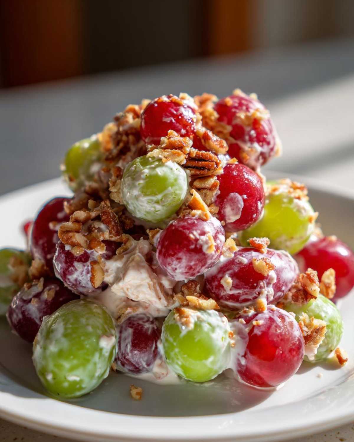 A mound of creamy chicken salad chick grape salad featuring red and green grapes coated in dressing and topped with chopped pecans.