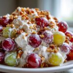 Close-up of creamy chicken salad chick grape salad mixed with red and green grapes and topped with chopped pecans.