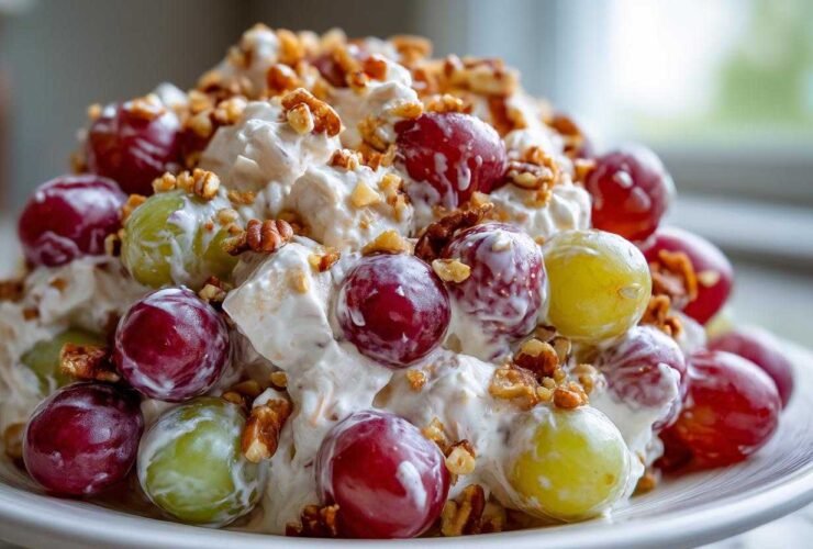 Close-up of creamy chicken salad chick grape salad mixed with red and green grapes and topped with chopped pecans.