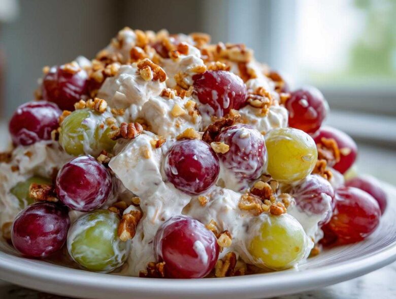 Close-up of creamy chicken salad chick grape salad mixed with red and green grapes and topped with chopped pecans.