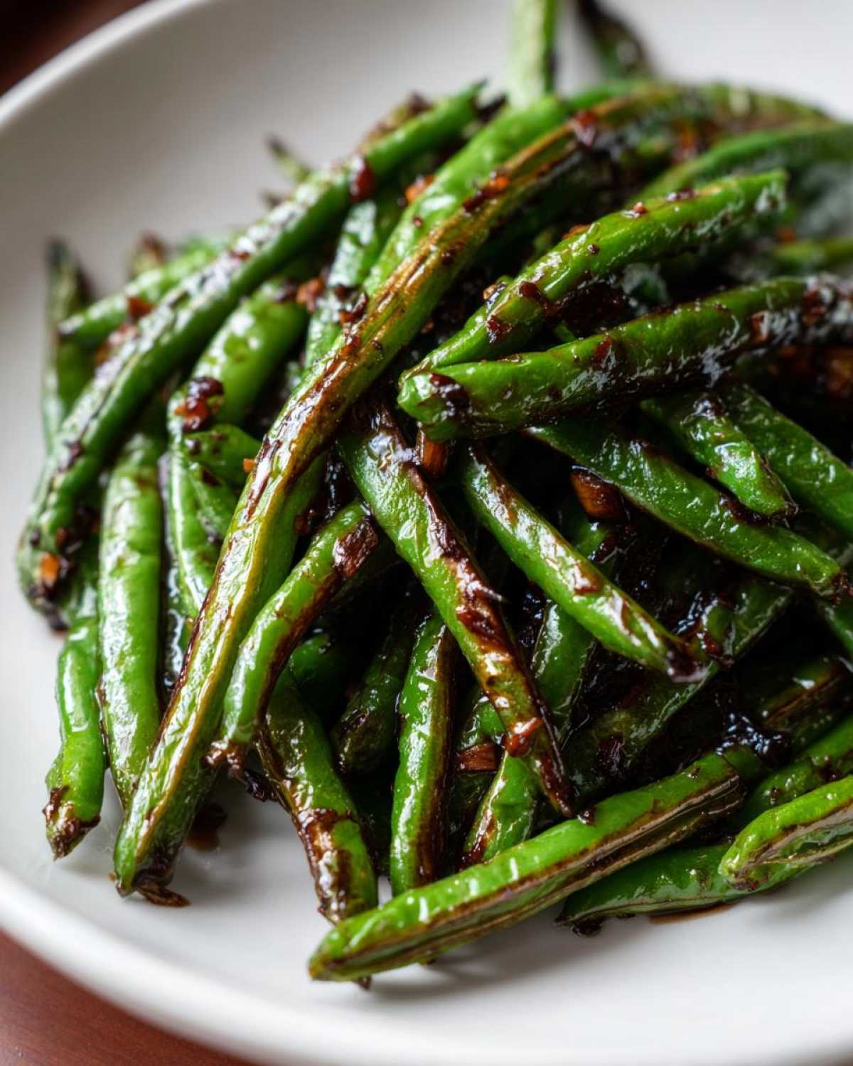 A close-up of bright green, blistered Chinese green beans with garlic sauce coating them.