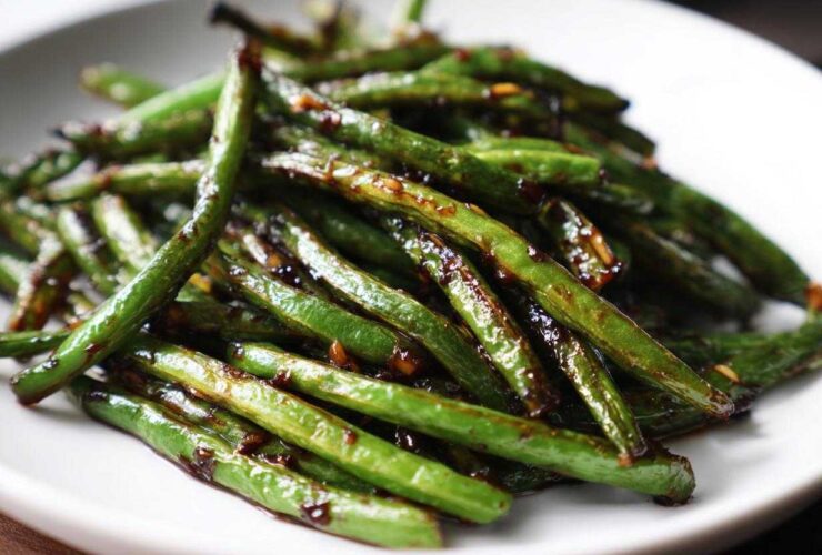 A close-up serving of vibrant green beans coated in a glossy, dark garlic sauce, ready to eat.