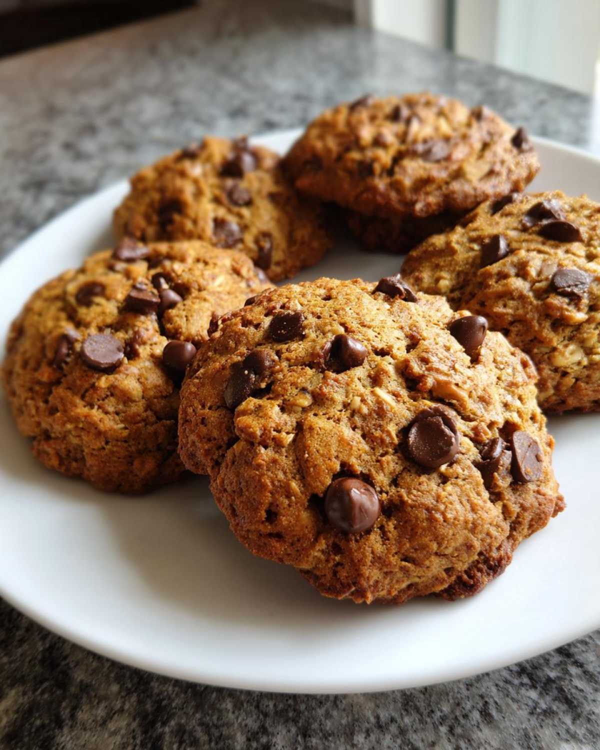 Close-up of five freshly baked chocolate chip breakfast cookie treats stacked on a white plate.