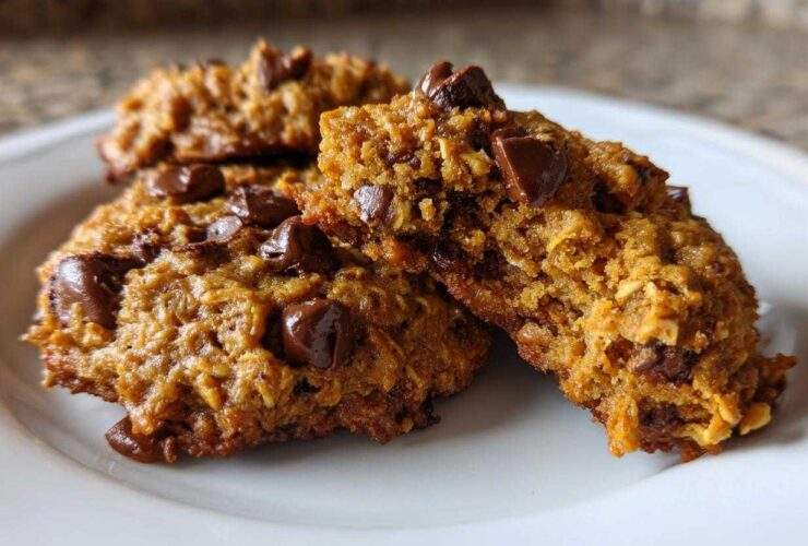 Close-up of several moist, golden-brown breakfast cookie treats loaded with melted chocolate chips on a white plate.