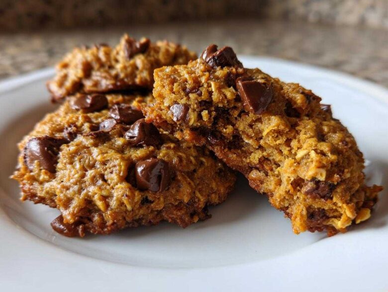Close-up of several moist, golden-brown breakfast cookie treats loaded with melted chocolate chips on a white plate.
