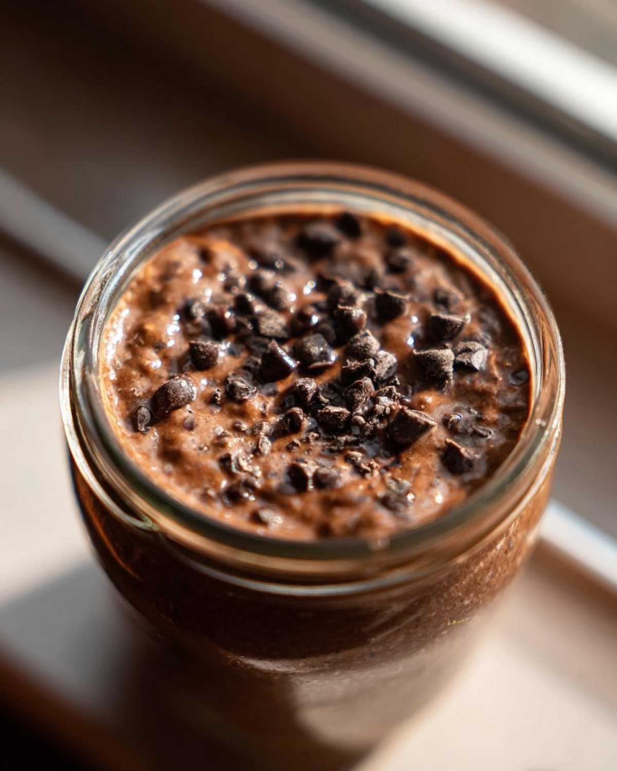 Overhead close-up of rich chocolate overnight oats topped generously with dark chocolate chips in a glass jar.