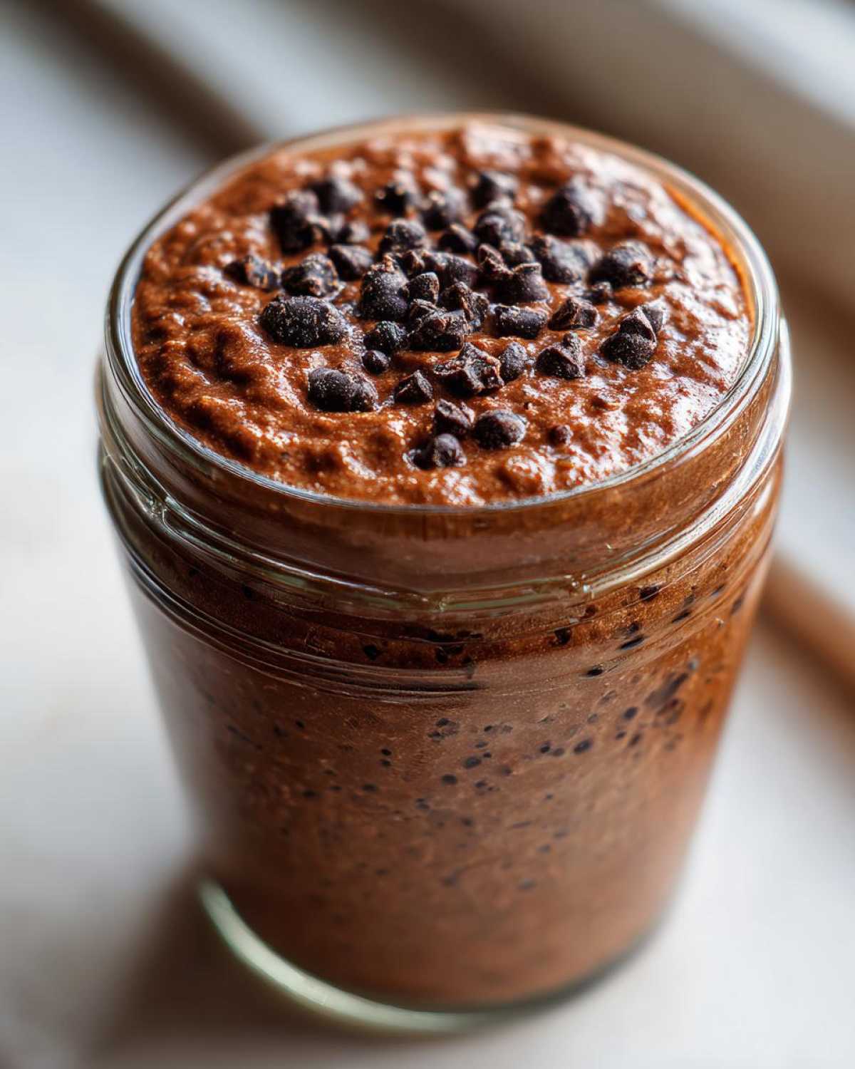 Close-up of rich chocolate overnight oats in a glass jar, topped with mini chocolate chips.
