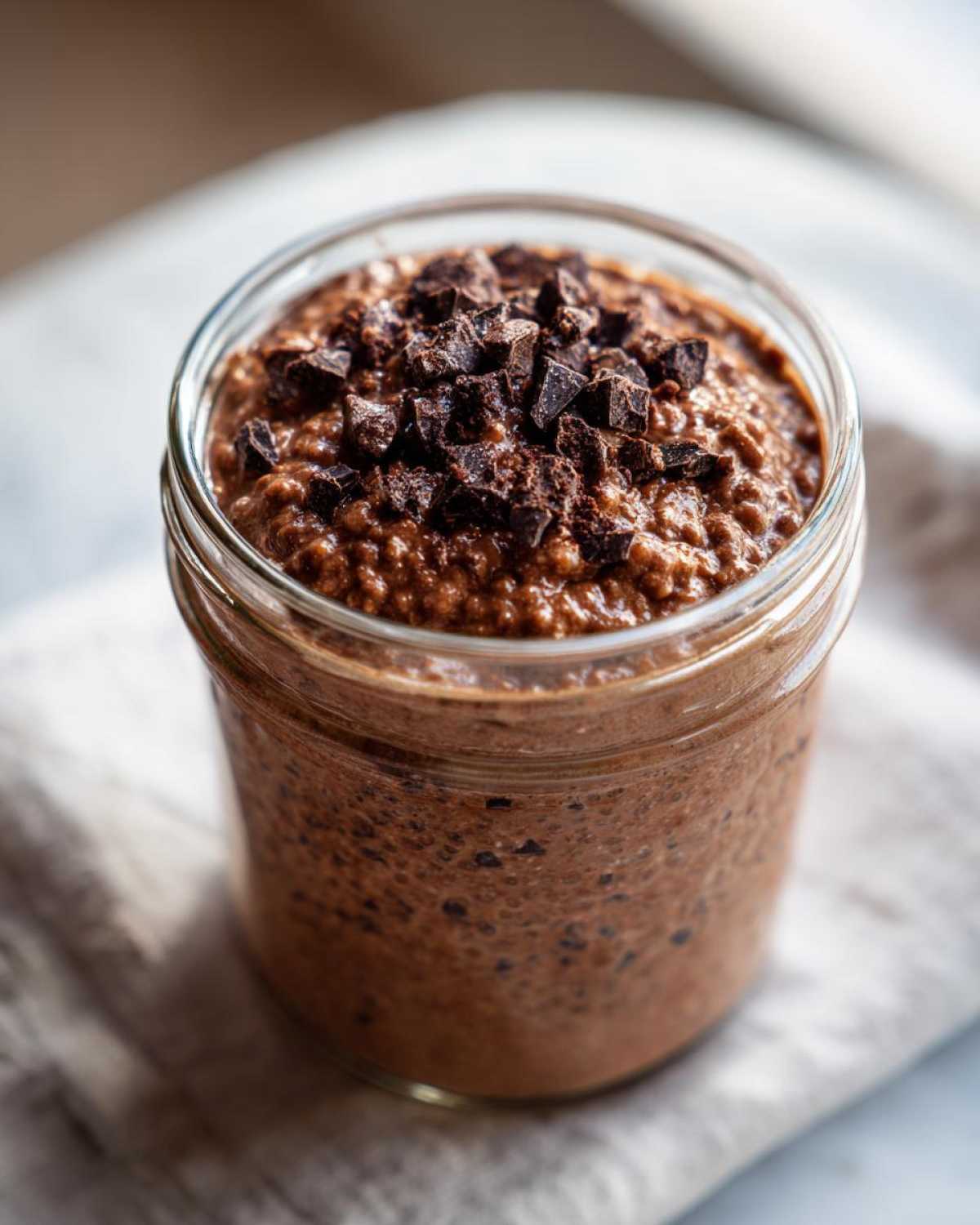 A close-up of rich chocolate overnight oats in a glass jar, topped generously with dark chocolate chunks.