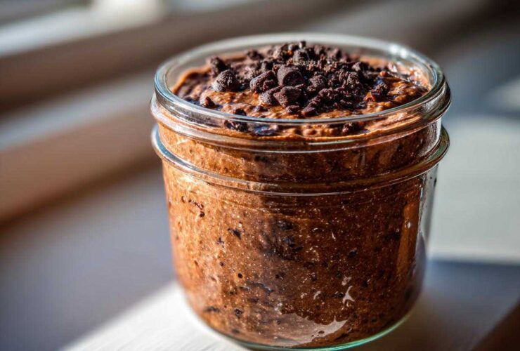 A close-up of rich chocolate overnight oats topped with mini chocolate chips in a clear glass jar.